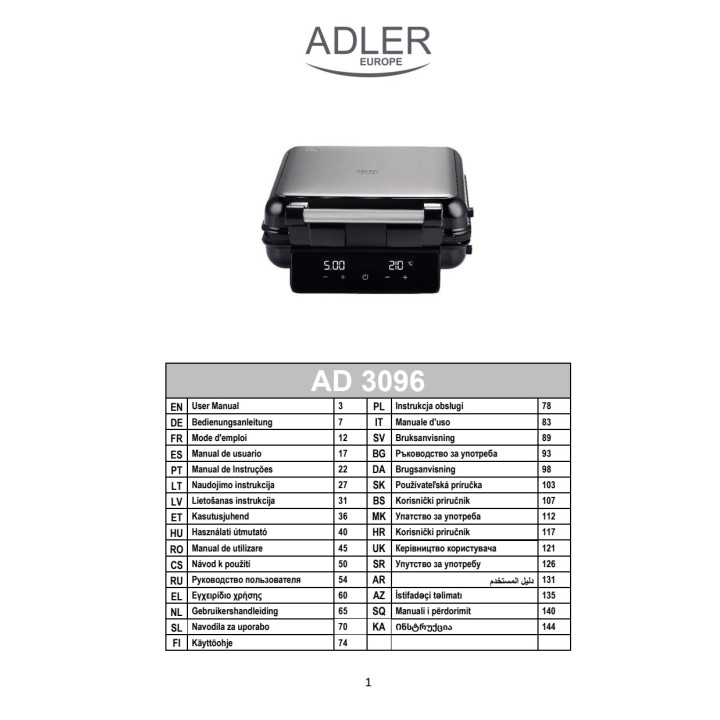 ADLER 4-in-1 sandwich maker with interchangeable plates and