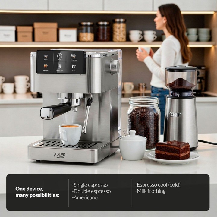 ADLER Espressomaskine 5 i 1 med mælkeskummer AD4390 1350 W