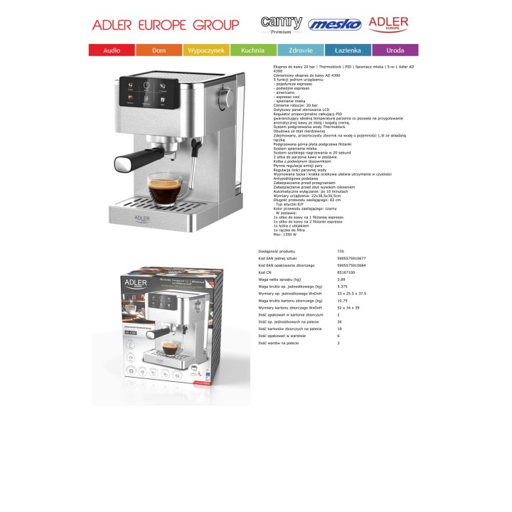 ADLER Espressokeitin 5-in-1 maidonvaahdottimella AD4390 1350
