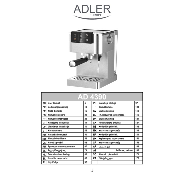 ADLER 5 az 1-ben eszpresszógép tejhabosítóval AD4390 1350 W