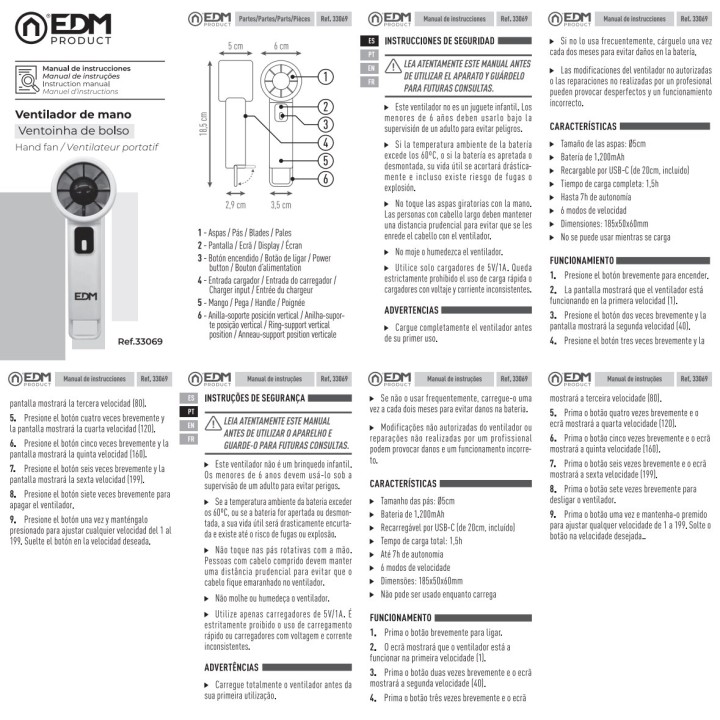 EDM Ventilatore portatile digitale ricaricabile con display