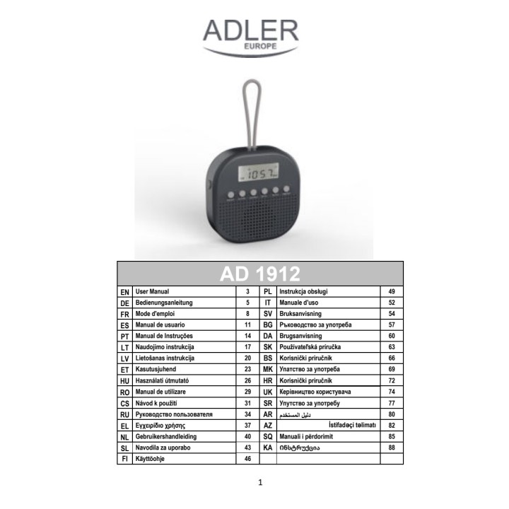 ADLER Radio de douche résistante à l’eau avec réveil AD 1912