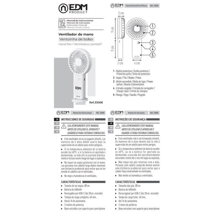 EDM Ventilador de mano recargable con base extraíble y