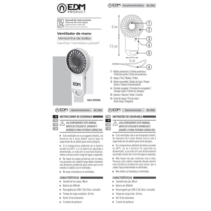 EDM Ventilador de mano recargable con gancho 400 MAH 15,5 CM