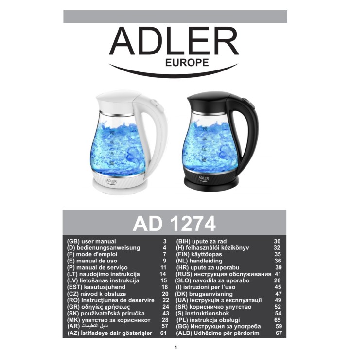 ADLER Glass kettle AD1274 2200 W 1,7 L 07169