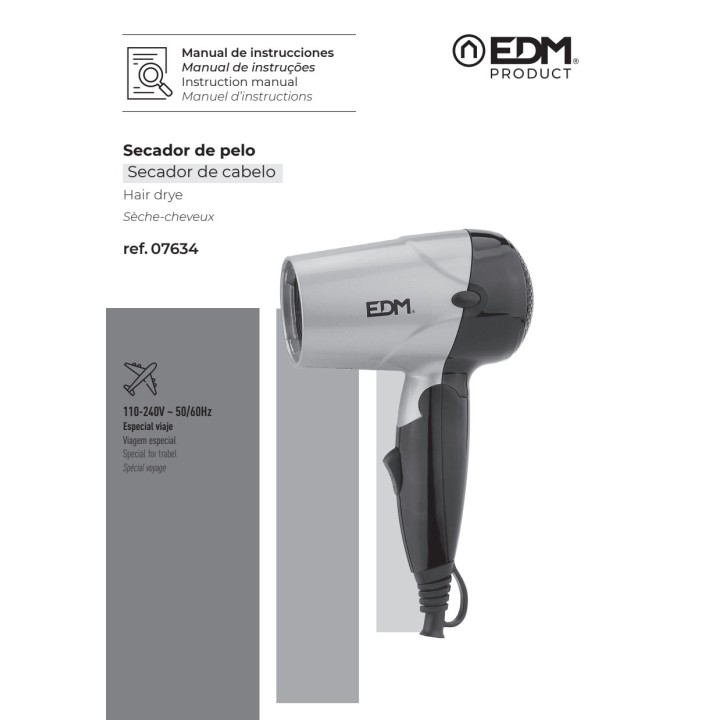 EDM Secador de pelo de viaje plegable bitensión 1000-1200W