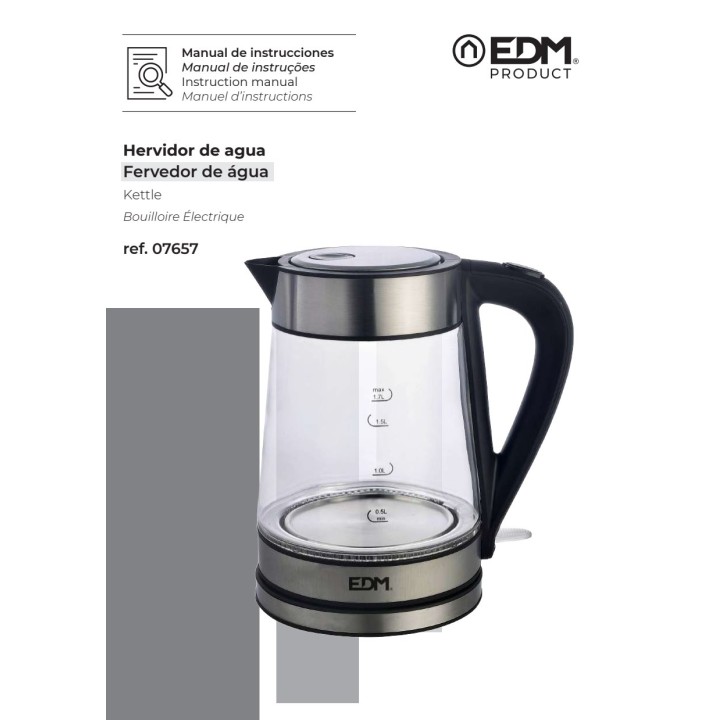 EDM Wasserkocher aus Glas und Edelstahl 1,7 L 1850-2200W
