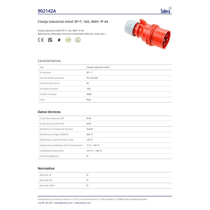 SOLERA Industriell kabelkontakt CETAC 3P+T 16 A 400 V IP44