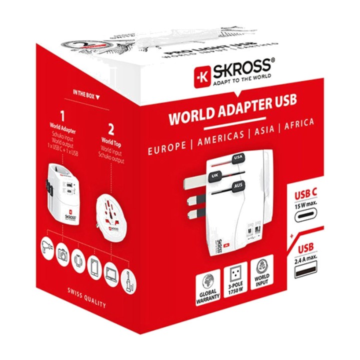 SKROSS Set di 2 adattatori da viaggio universali con USB