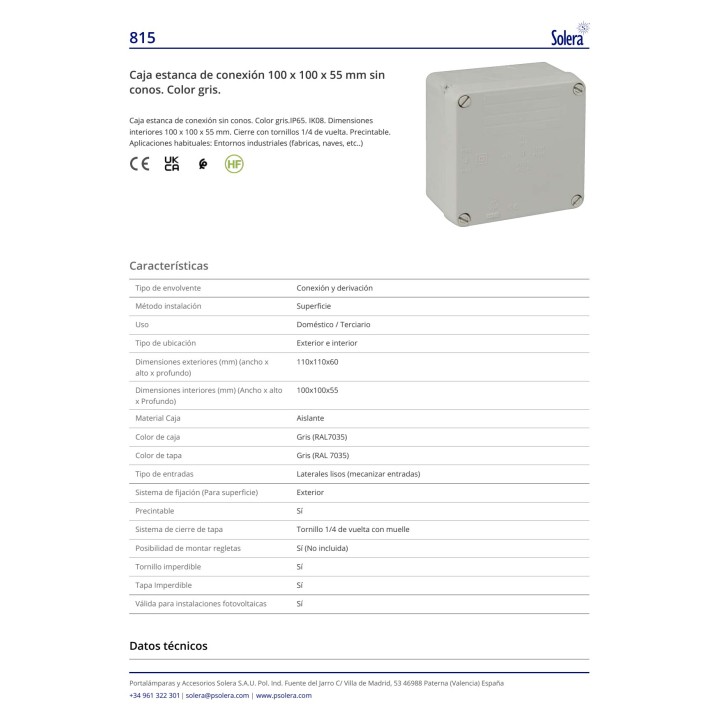 SOLERA Boîte de dérivation étanche pleine JUNCTION-BOX (3UD)