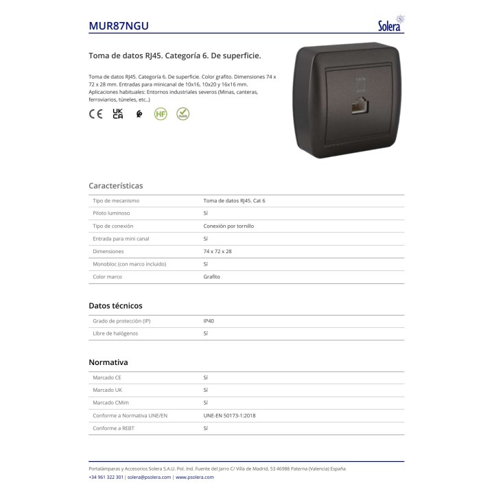SOLERA Toma de datos de superficie MURAL-RJ45 CAT 6 43188