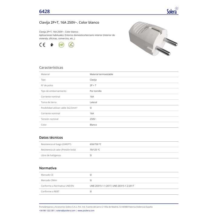 SOLERA Schuko-stik med frontudgang til kablet 6428 16 A 250