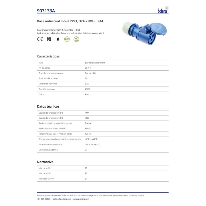 SOLERA Gniazdo przemysłowe natynkowe CETAC 2P+T 32 A 230 V