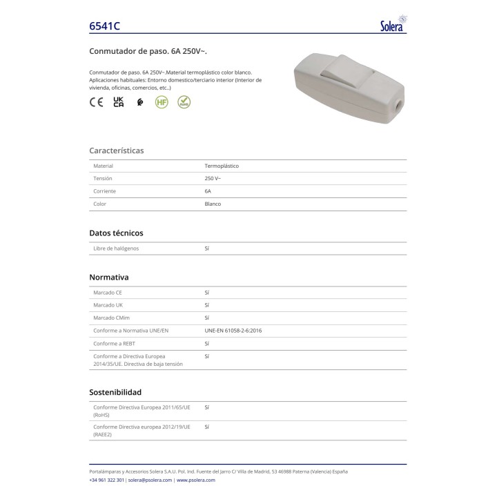 SOLERA Deviatore in linea per cavo 6541C 6 A 250 V (5UD)