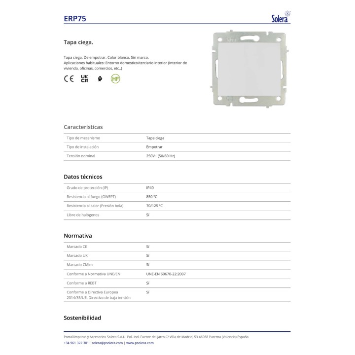 SOLERA Tapa ciega de empotrar sin marco EUROPA-ERP75 42963