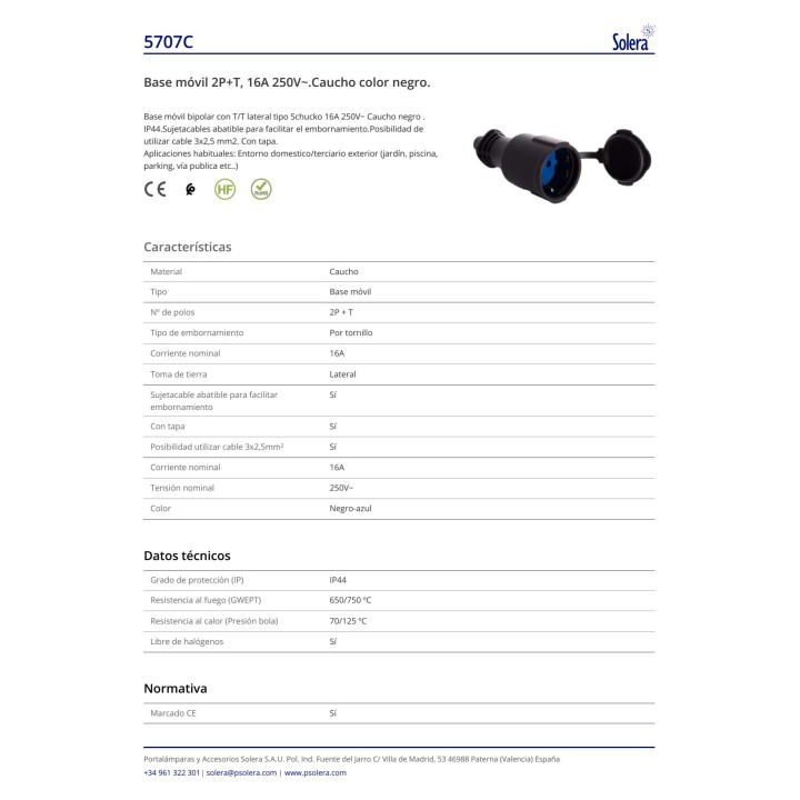 SOLERA Priză aeriană Schuko din cauciuc cu capac 5707C IP44