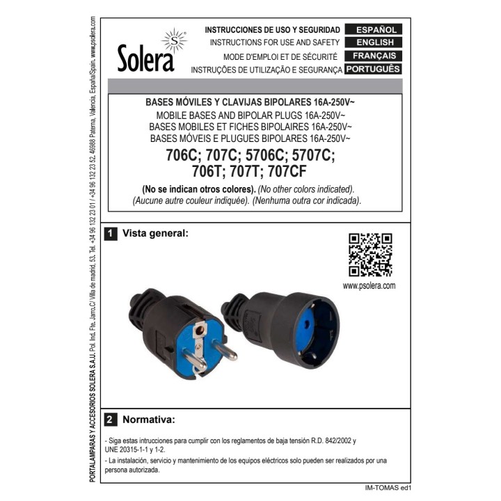 SOLERA PVC Schuko plug with hinged cable clamp and double