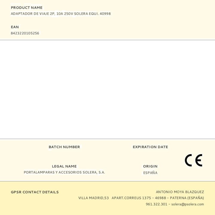 SOLERA Cestovní adaptér pro dočasné použití 2P 10 A 250 V