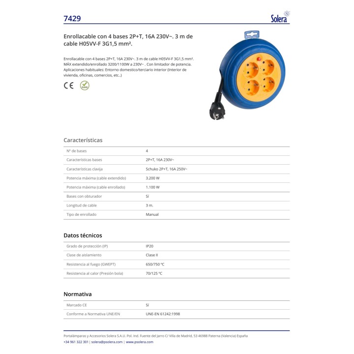SOLERA Cable reel with 4 double-pole sockets with earth and