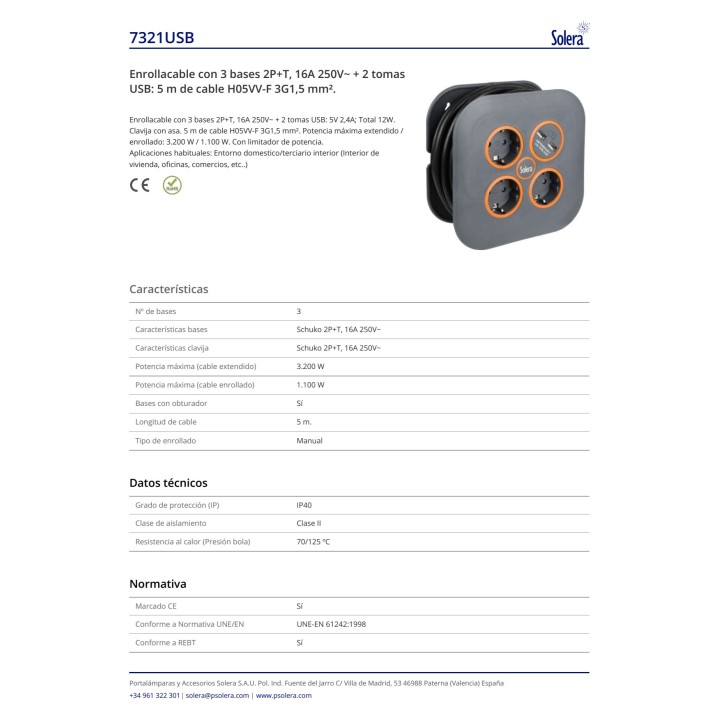 SOLERA Kabeltrommel mit 3 Steckdosen und 2 USB-Anschlüssen 5