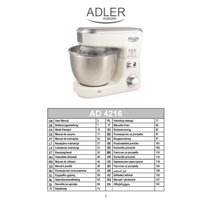 ADLER Batteur-mélangeur planétaire avec bol en acier