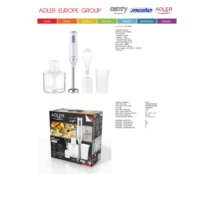 ADLER Hand blender with chopper, beaker and whisk