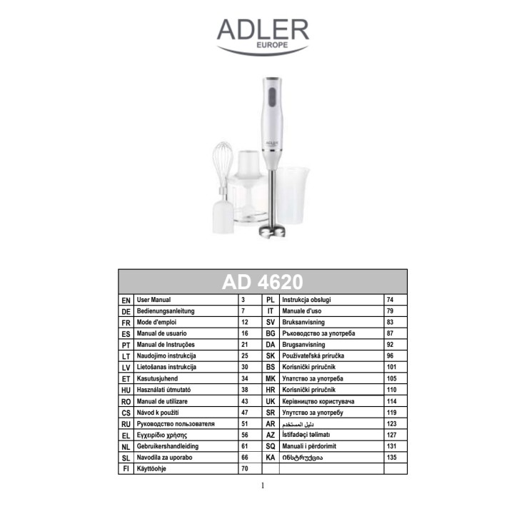 ADLER Stabmixer mit Zerkleinerer, Becher und Schneebesen