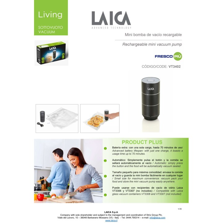 LAICA Pompe à vide portable rechargeable VT3402 11 CM 57019