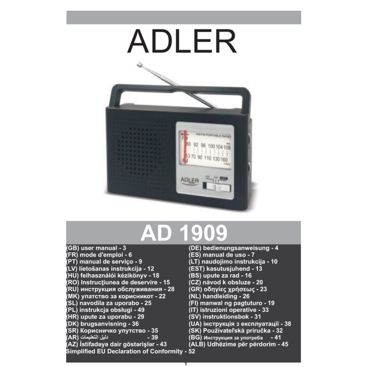 ADLER Radio portátil de red y pilas con antena telescópica