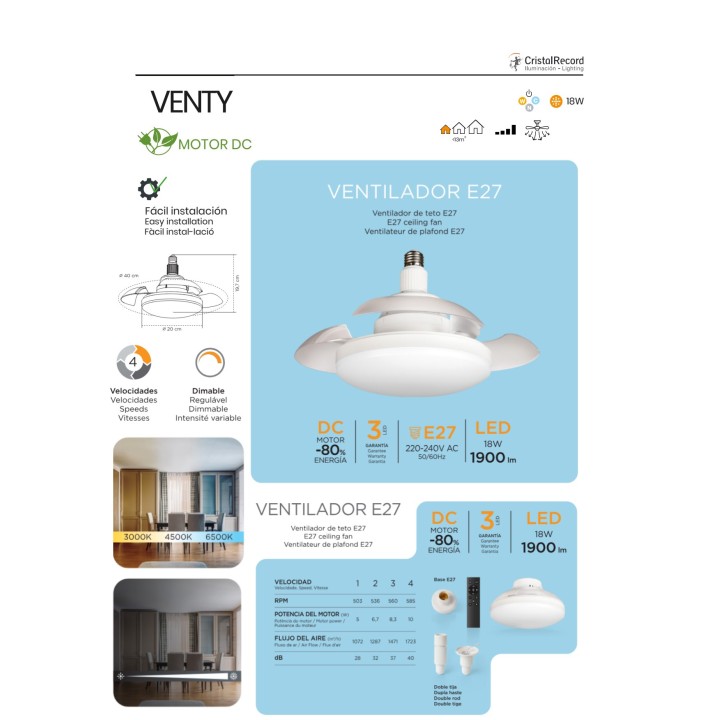 CRISTALRECORD Ventilatore da soffitto LED con pale