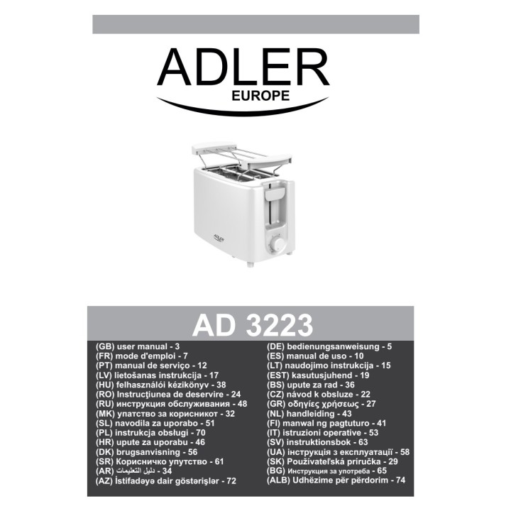 ADLER 2-slot toaster with bun-warming rack AD3223 900 W