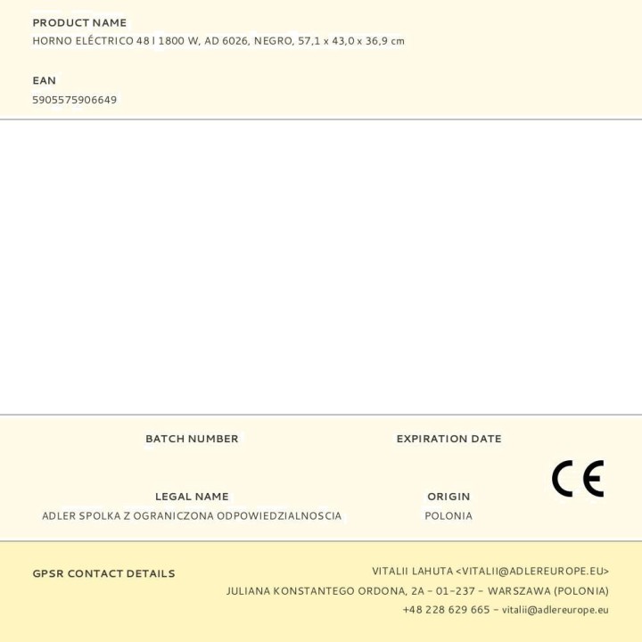 ADLER Elektrischer Umluftofen mit Drehspieß AD6026 1800 W 48