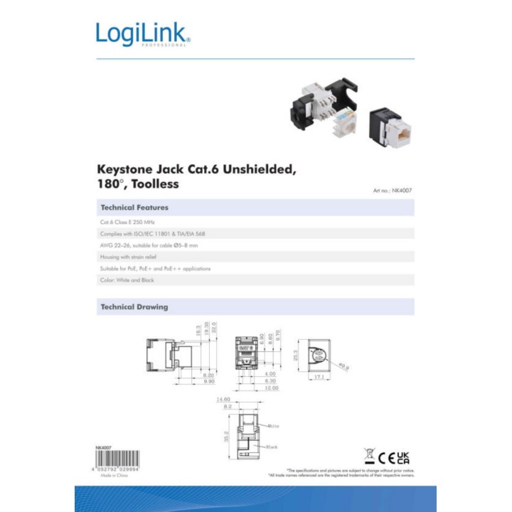 LOGILINK Connettore femmina Keystone senza utensili RJ45 UTP