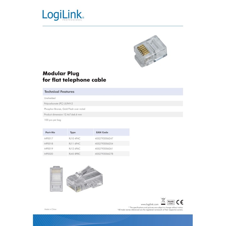 LOGILINK Smal telefonstik med 4 forbindelser 4P4C (25UD)