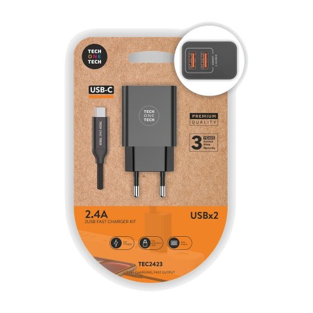 dubbel nätladdare med nylonkabel usb-c 2,4 a 12 w