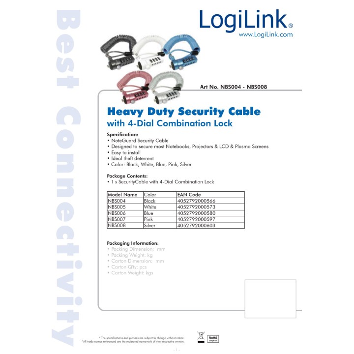 LOGILINK Laptop security cable with 4-digit combination 1,8