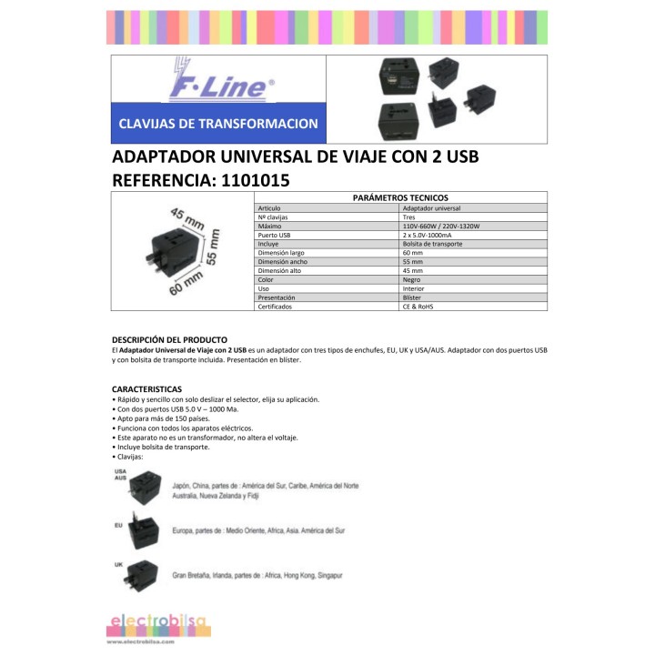 F-LINE Adaptor universal de călătorie cu 2 porturi USB