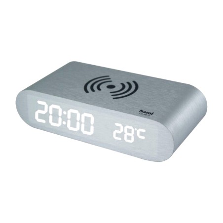 despertador digital led plateado con termómetro y cargador inalámbrico 5 w
