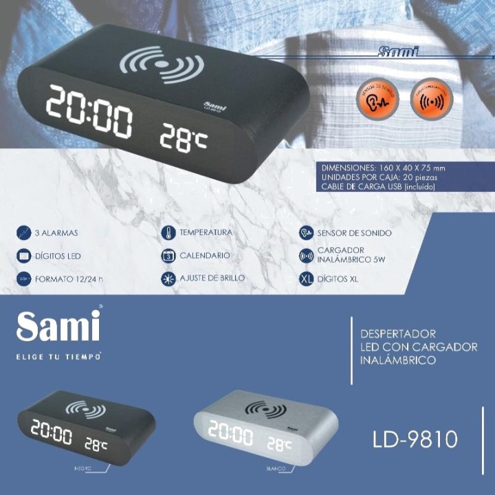Despertador digital LED plateado con termómetro y cargador inalámbrico 5 W 328738
