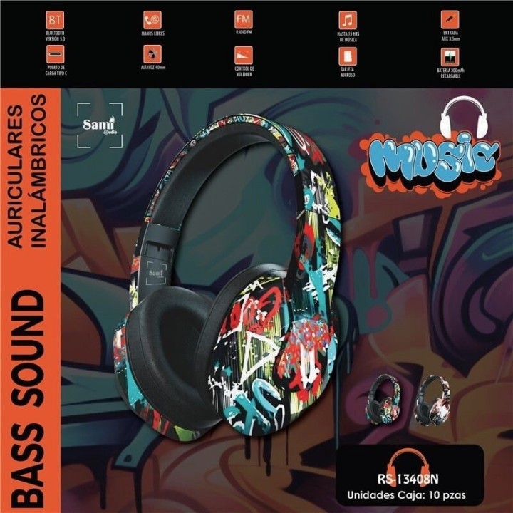 SAMI Auriculares inalámbricos plegables con radio FM GRAFFITTI-BLUETOOTH 5.3 328421VAR