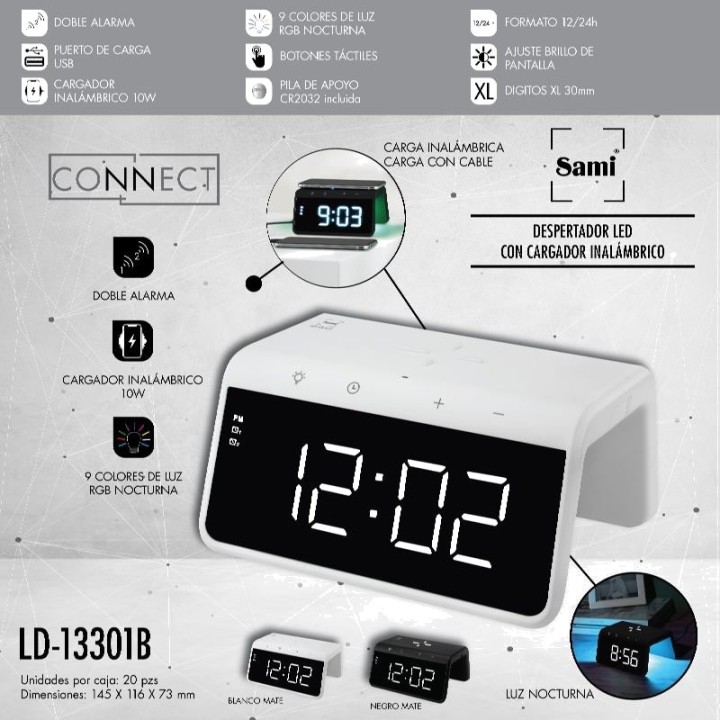 SAMI Despertador digital LED con cargador inalámbrico QI 10