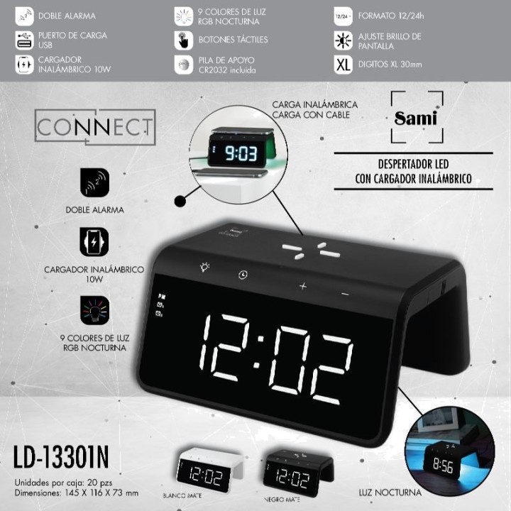 SAMI Sveglia digitale LED con caricatore wireless QI 10 W
