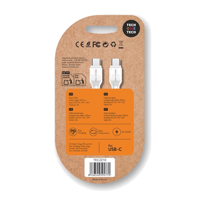 TECH ONE Πλεκτό καλώδιο νάιλον με δύο συνδετήρες USB-C PD
