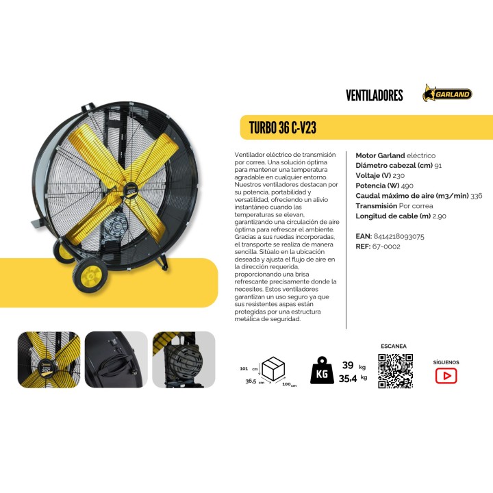 GARLAND Industrial floor fan with wheels TURBO 36C-V23 490 W