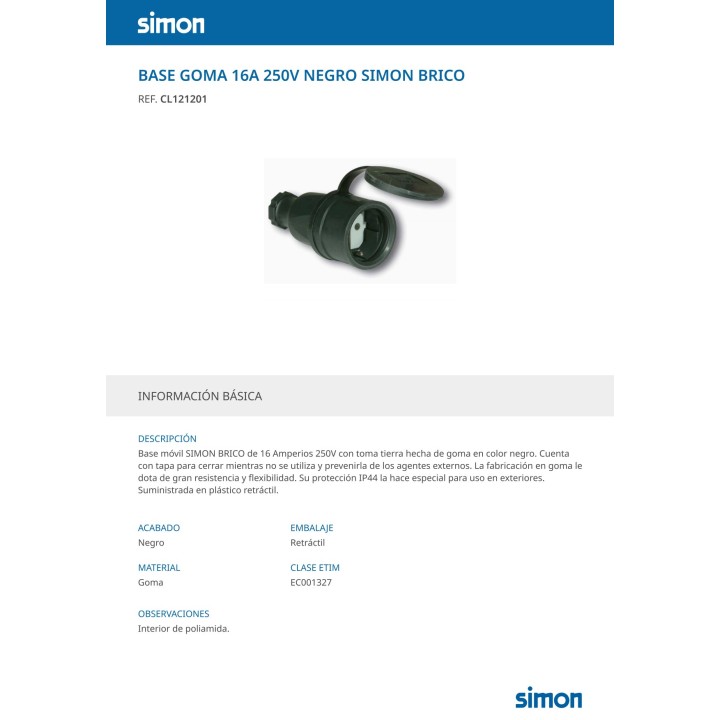 SIMON Fiche Schuko en caoutchouc avec couvercle 2P+T 16 A