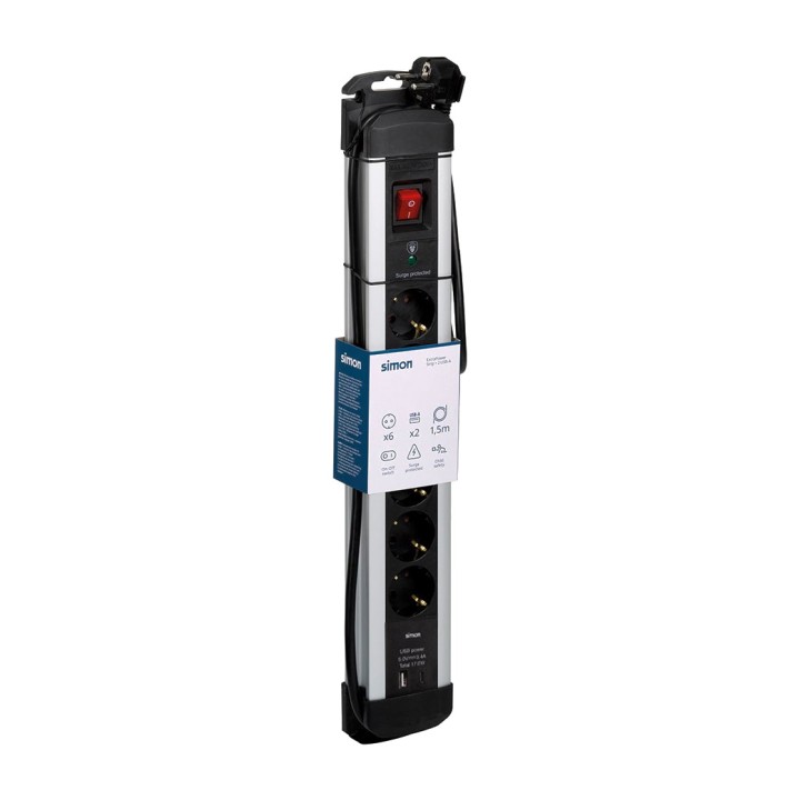 SIMON Multistik i aluminium med 6 stik og 2 USB-porte, med