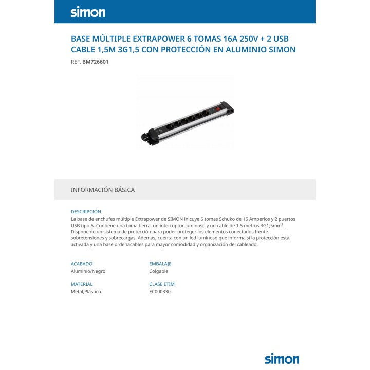 SIMON Aluminium-Mehrfachsteckdose mit 6 Steckdosen und 2