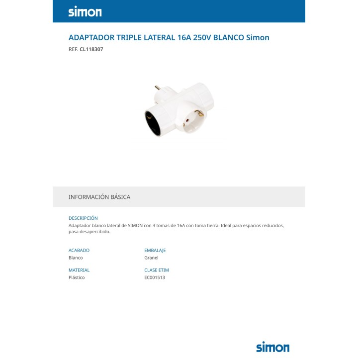 SIMON Adattatore Schuko triplo con uscite laterali 2P+T 16 A