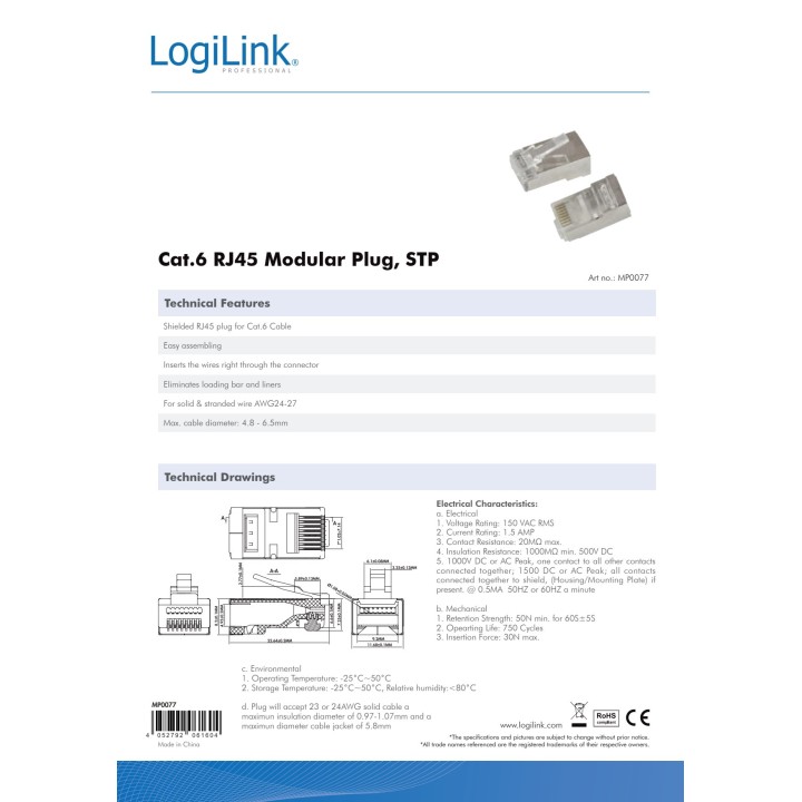 LOGILINK Conector de cable de red macho blindado RJ45 CAT.6
