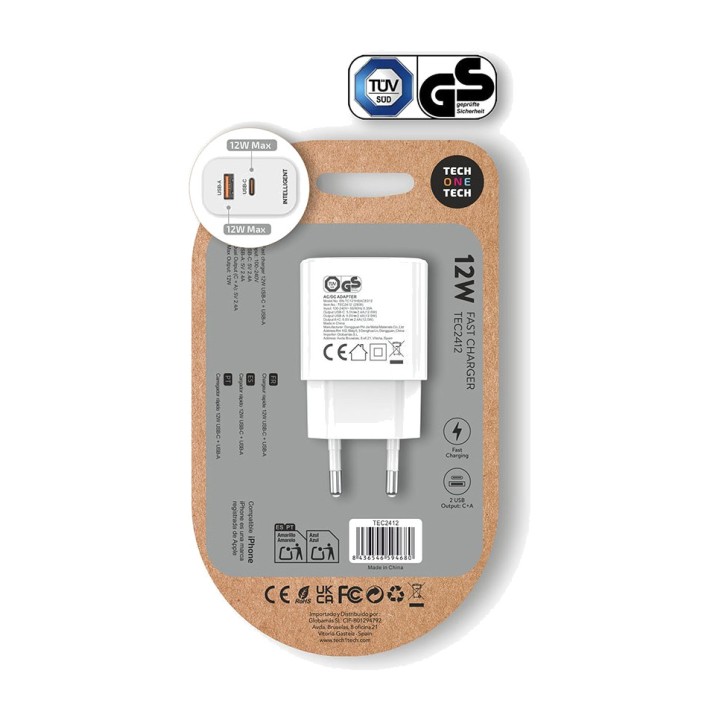 TECH ONE Doppeltes USB-A- und USB-C-Netzteil 12 W 2,4 A